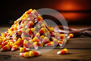 a pile of colorful candy corn on a wooden table