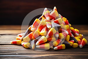 a pile of colorful candy corn on a wooden table