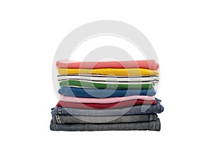 Pile of colorful clothes isolated on white background.