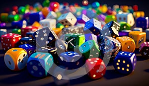 Pile of colorful dices sitting on top of black table next to each other. Generative AI