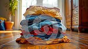 Pile of colorful dirty laundry on the wooden floor