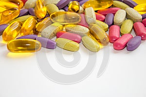 Pile of colorful drugs background, copy space