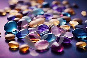 A pile of colorful energy stones on a purple background