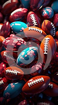 A pile of colorful footballs with a red and blue design, AI