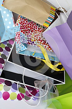 A pile of colorful gift bags