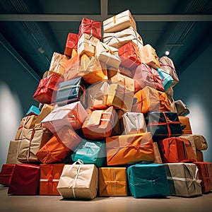 Pile of colorful gift boxes, packed products in a postal warehouse. Generative AI