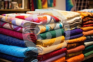 a pile of colorful, handmade quilts in a textile shop