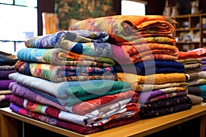 a pile of colorful, handmade quilts in a textile shop