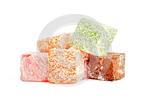 Pile of colorful jelly sweets. Gelatin made candy isolated on white background