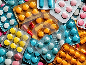 Pile of colorful medicine pills and capsules in blister packs