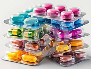 Pile of colorful medicine pills and capsules in blister packs