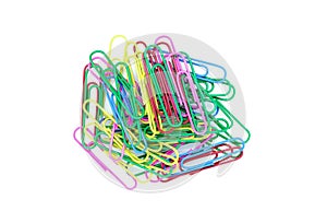 Pile of Colorful paper clips on white background. Many colored paper clips