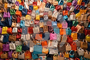 Pile of colorful shopping bags. Over consumption and shopaholism. Generative AI