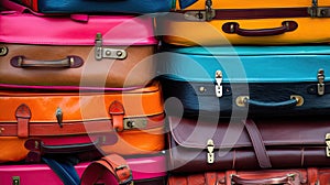 Pile of colorful suitcases, luggage, duffel bags, and backpacks. Abstract travel and vacation.