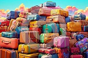 Pile of colorful suitcases luggage duffel bags illustration. AI generative