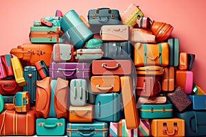 Pile of colorful suitcases luggage duffel bags illustration. AI generative