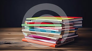 Pile of colorful textbooks on wooden desk