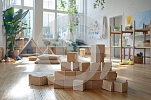 Pile of colorful wooden blocks perched on a sleek hardwood floor