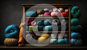 A Pile Of Colorful Yarns On A Wooden Shelf. Generative AI