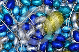 Pile of colourful pastel foil wrapped chocolate easter eggs in blue,  silver and turquoise with a large yellow egg in the middle.