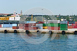 Pile of containers waiting to be transfered in Haydarpasa Port photo