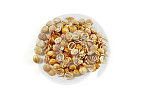 Pile of coriander seeds on white background photo