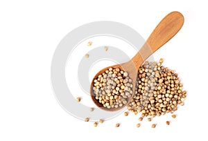 Pile of Coriander seeds and in wooden spoon isolated on white background