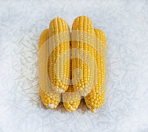 Pile of corn cobs on a light background, vegetables stacked pile