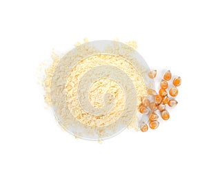 Pile of corn flour and seeds isolated on white, top view