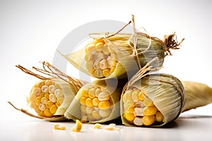 A pile of corn on a white surface. Generative AI image. photo