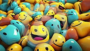 pile of crazy smiles with different emotions, diversity cartoon cg motion background, human being concept