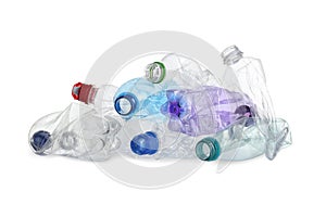 Pile of crumpled bottles isolated. Plastic recycling