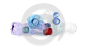 Pile of crumpled bottles isolated. Plastic recycling