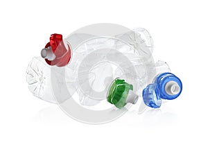 Pile of crumpled bottles isolated. Plastic recycling