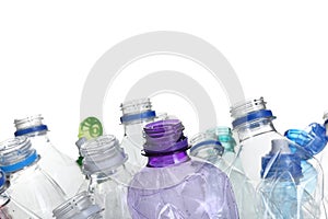 Pile of crumpled bottles on white background. Plastic recycling