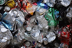 pile of crushed aluminum cans ready for recycling