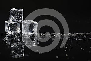 Pile of crystal clear ice cubes on black background.