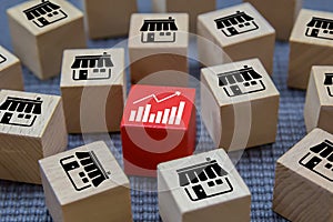 Pile of a cube shape wooden toy blog with franchise business icons store and graph