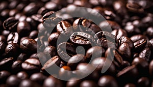 A pile of dark roasted coffee beans