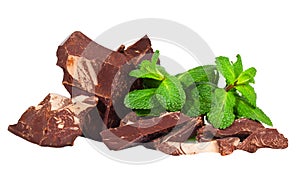 Pile of delicious black chocolate with mint