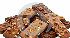 Pile of delicious chocolate bars with nuts isolated on white background
