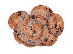 Pile of delicious chocolate chip cookies on white background