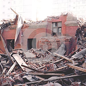 Pile of demolition rubble. Gray rubble at a building site