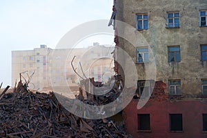 Pile of demolition rubble. Gray rubble at a building site