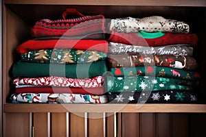 a pile of different christmas jumpers stacked on a wooden shelf