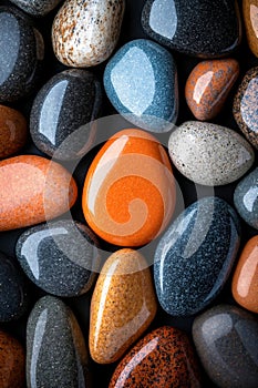 A pile of different colored pebbles on a black surface