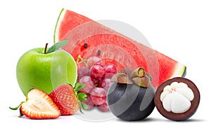 Pile of different fruits isolated  on white background.