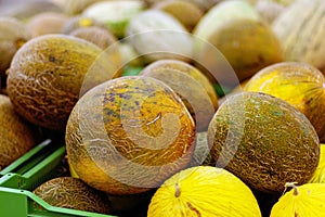 Pile of different melons for sale in grocery store