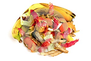 Pile of different organic waste isolated on white background. Waste vegetables and fruits for compost.