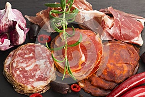 A pile of different spanish embutido, jamon, chorizo and lomo em